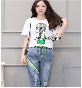 Lady Ribbon T-Shirt and Denim Set เซ็ตเสื้อยืด