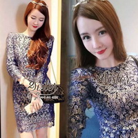 ST02310716 🍀สินค้าพร้อมส่ง🍀 한국에 의해 설계된 2sister made, Blue Dress with The Golden Flower Lace