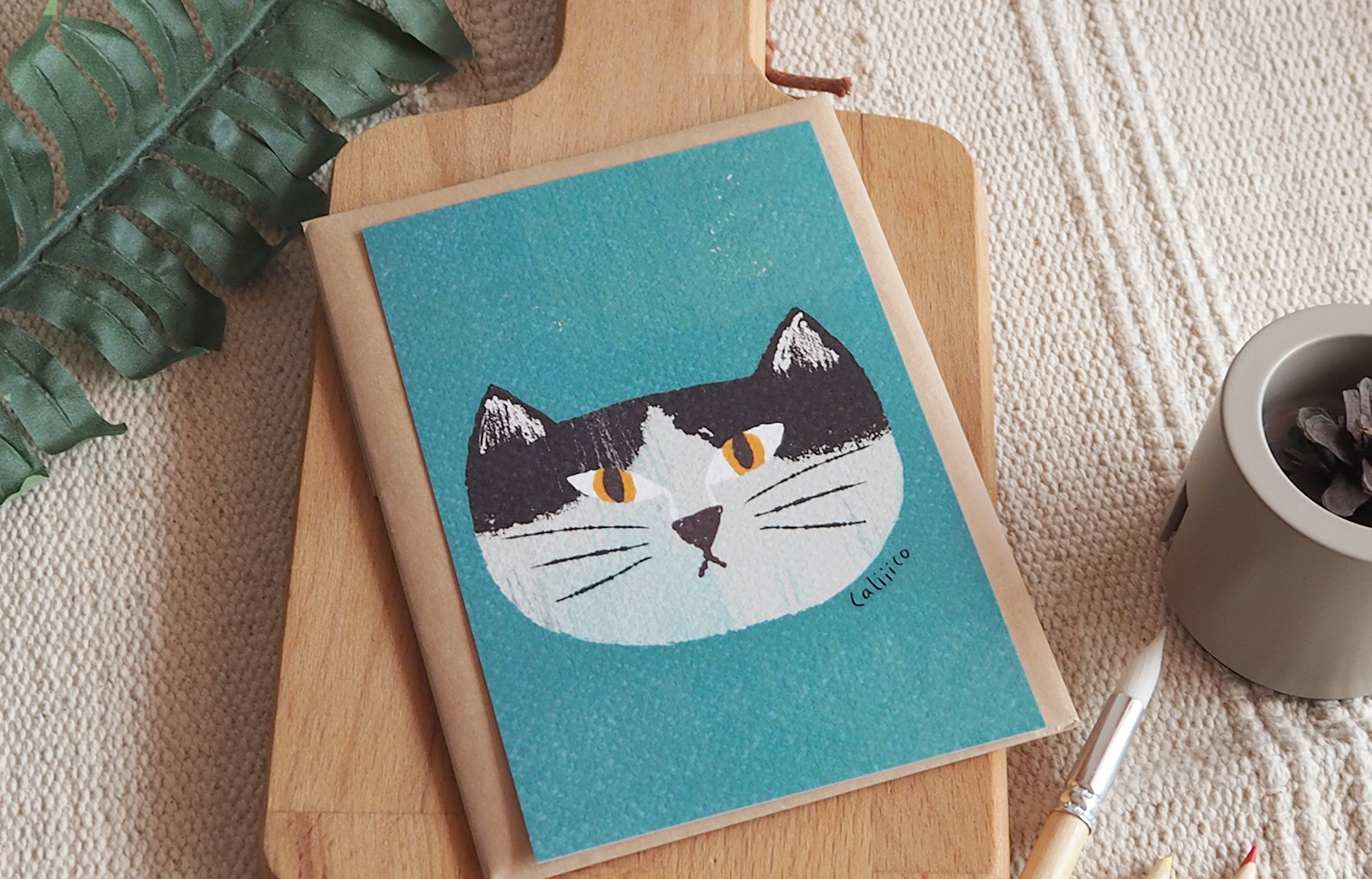 โปสการด์ ลายแมววัวพื้นฟ้า illustration postcard 4x6 inch