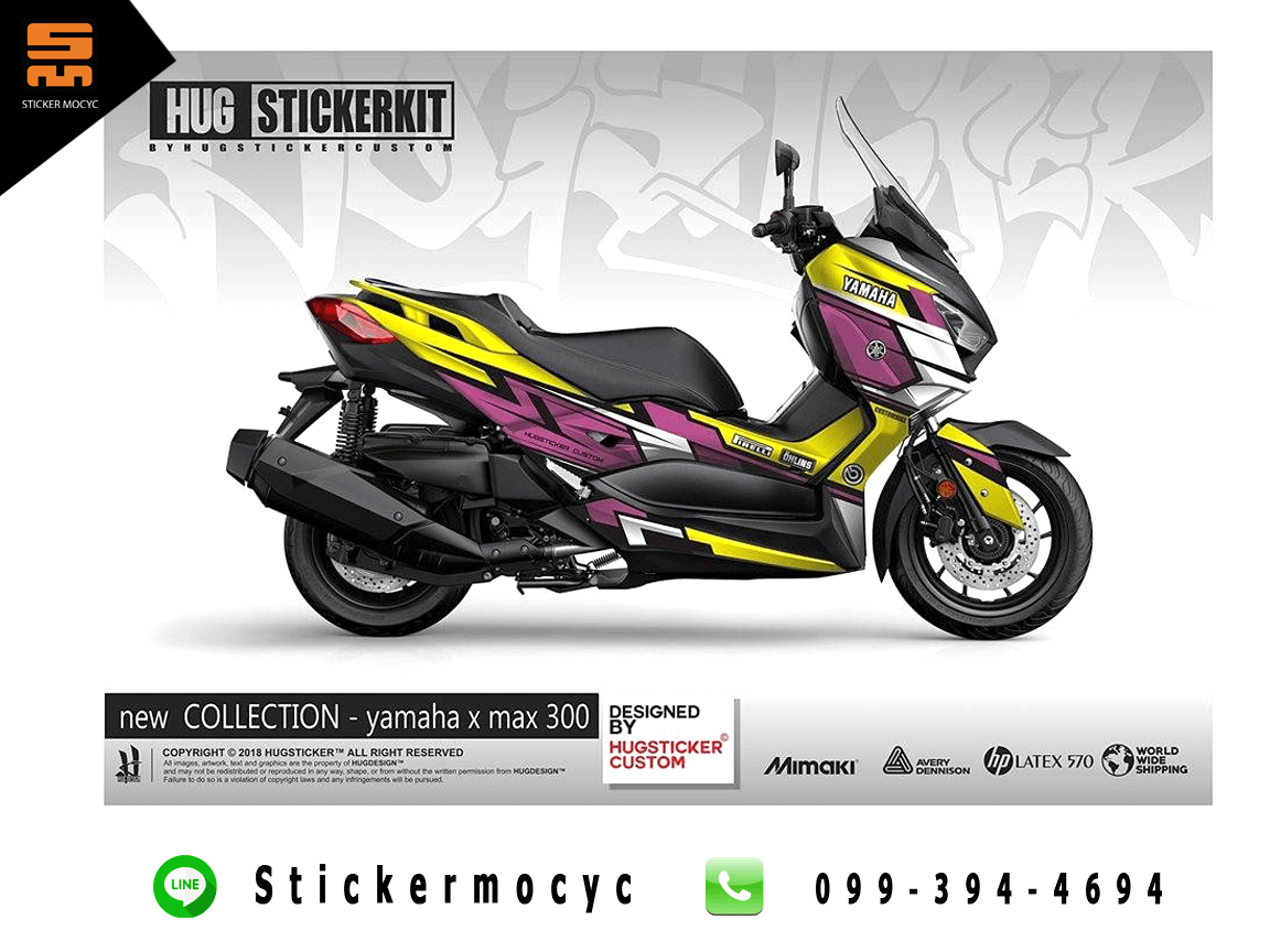 yamaha xmax 300 ยามาฮ่า x max สติ๊กเกอร์ ปี 2018, 2019 ลายกันดั้ม สีชมพู เหลือง (เคลือบใสกันรอย)