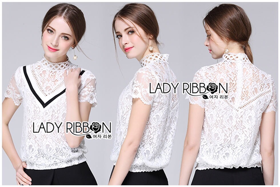 Lady Ribbob ขายส่ง LR12260516 🎀 Lady Ribbon's Made 🎀 Lady Patricia Triangle-Shaped High-Neck Lace Blouse in White