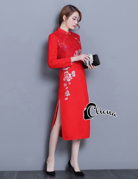 ชุดเดรสคอจีนสีแดง