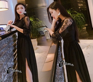 เดรสชีฟองซีทรูแขนแต่งระบาย
