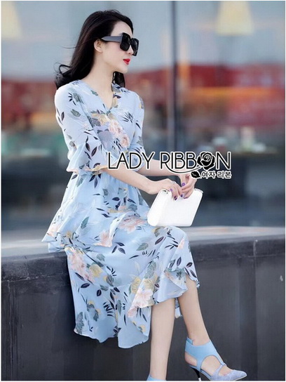 Dress เดรสผ้าชีฟองสีฟ้าพิมพ์ลายดอกไม้