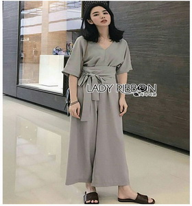 Lady Ribbon Chic Pale Grey Jumpsuit จัมป์สูท