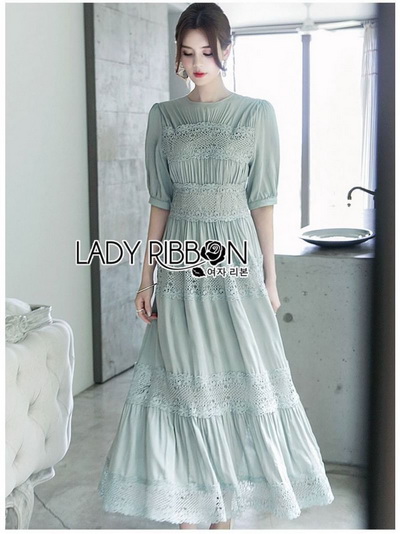 เดรสยาวผ้าชิฟฟ่อนเนื้อดีตกแต่งลูกไม้สีเขียวอ่อน