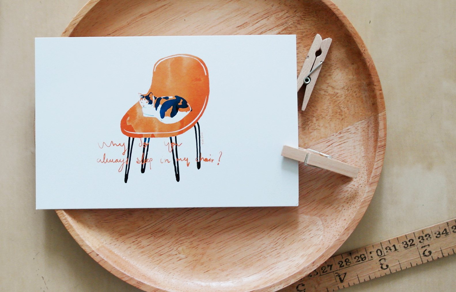 โปสการ์ด ลายแมวเก้าอี้ส้ม cat on orange chair illustration postcard 4x6 inch
