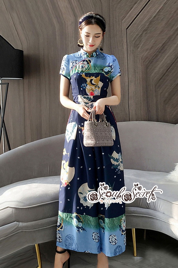 จั้มสูทขายาวลุคสาวเกาหลีผ้าพิมพ์ลายคลาสสิค