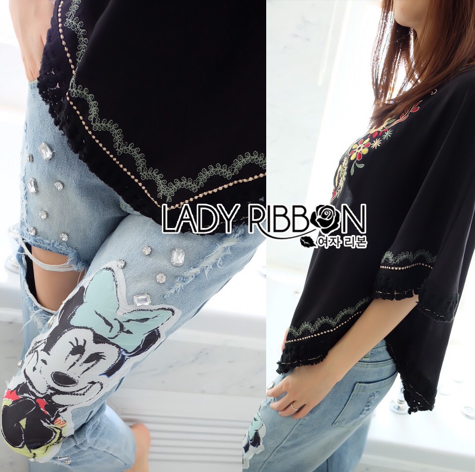lady Lady Ribbon เสื้อผ้าพร้อมส่ง เสื้อผ้า Lady Ribbon พร้อมส่ง เลดี้ริบบอน Lady Ribbon's Made 🎀 Lady Elizabeth Minnie Mouse Crystal Embellished Ripped Skinny Jeans