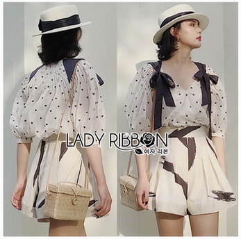 Set เซ็ตเสื้อชีฟองลายจุดหัวใจ