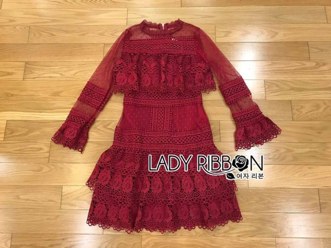 Mini Dress มินิเดรส ผ้าลูกไม้สีแดงตกแต่งระบาย