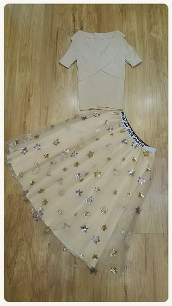 เซ็ทเสื้อกระโปรงเสื้อผ้ายืดลายริ้ว