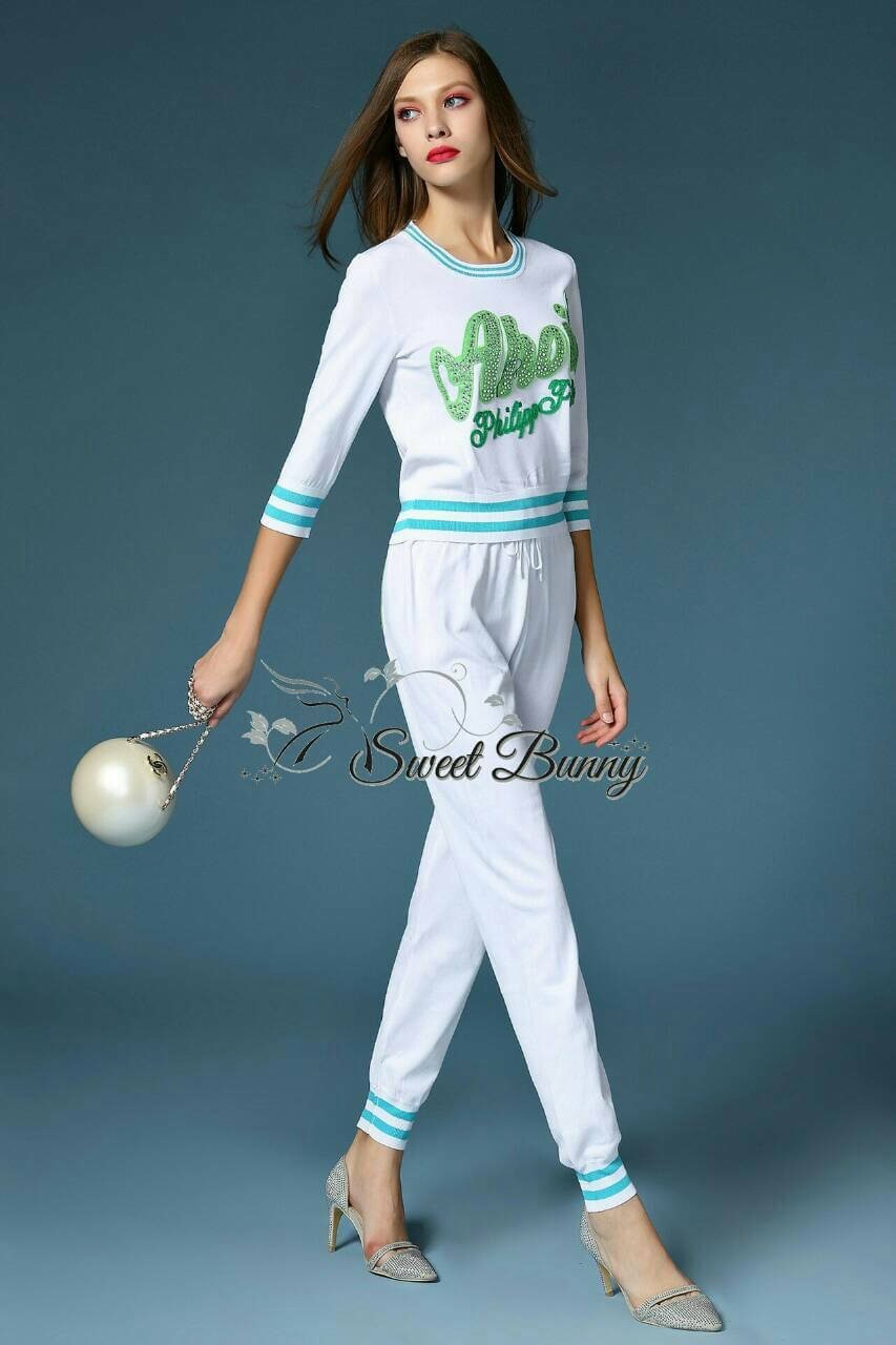SW12010916 Sweet Bunny Present... Ahoi! Philipp Plein Embroidered jogger set เซ็ทเสื้อ+กางเกง ผ้ายืด Cotton