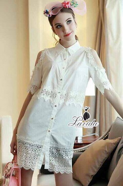 Lady Ribbon Online เสื้อผ้าออนไลน์ ขายส่ง ของแท้ LV02040716 🍭Korea Design By Lavida hi-end pearl decorated sleeve premium lace white dress