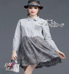 Sweet Bunny Present... Extended Sleeve Button-Down Shirt Dress ชุดเดรสเชิ้ตสีเทา ผ้าคอตตอนเชิ้ต