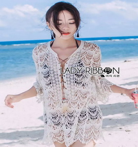 Summer Style White Crochet Dress Lady Ribbon เดรสผ้าถักโครเชต์