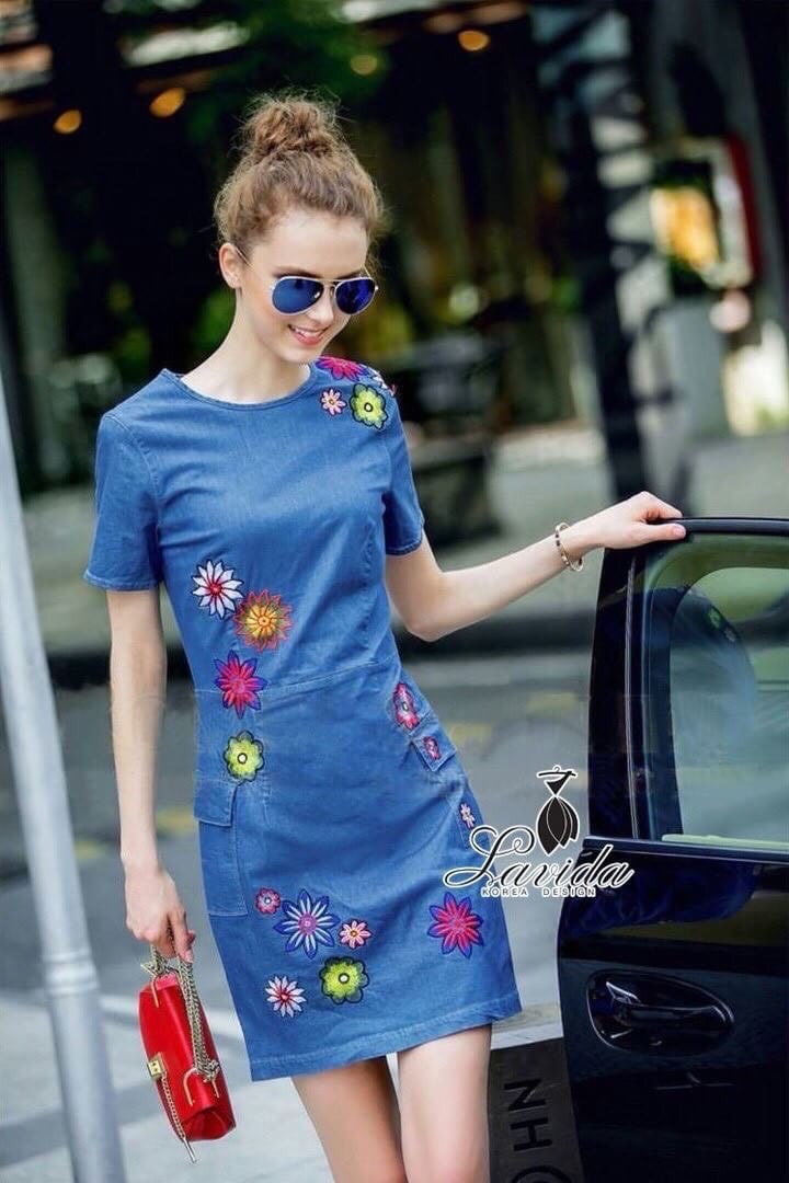 Korea Design By Lavida colorful flower embroidered short sleeve denim dress