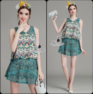 Lady Ribbon Online เสื้อผ้าออนไลน์ขายส่ง Lavida เสื้อผ้า LV05150816 🍭 Korea Design By Lavida floral printing sleeveless top hollow stitching lace short skirt set code781