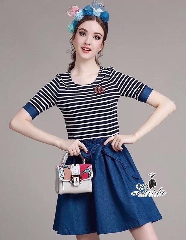 Lady Ribbon Online LV01200616 🍭 Korea Design By Lavida striped printed lady bug decorated denim dress