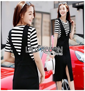 T-Shirt and Black Overall Dress Lady Ribbon