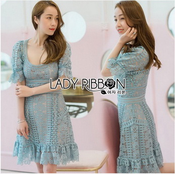 Vivid Blue Lace Dress เดรสสั้นผ้าลูกไม้สีฟ้าสด
