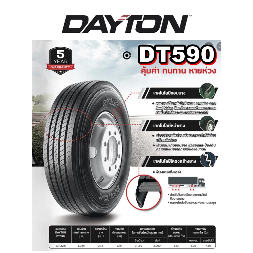 ยางรถบรรทุก เรเดียล ขนาด 11R22.5 รุ่น DT590 ยี่ห้อ DAYTON