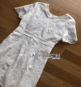 Lady Ribbon Lace Dress เดรสแขนสั้นผ้าลูกไม้สีขาว