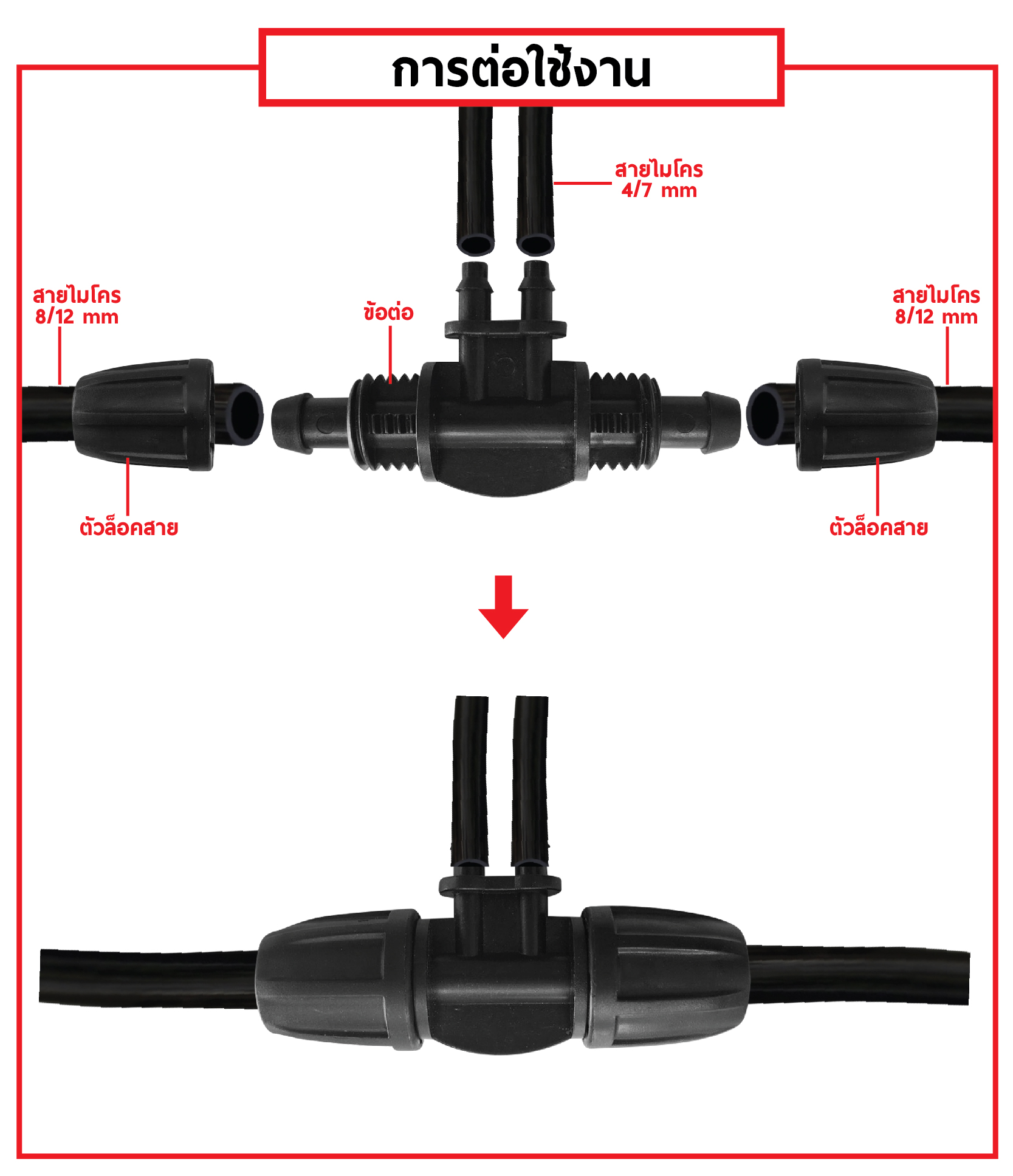 ข้อต่อสายไมโคร พร้อมตัวล็อคสาย 8/12 mm สองทาง 4/7 mm สองทาง (แพ็ค 20 ชิ้น)
