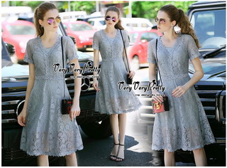 VP01310816 Vintage Silver Florals Lace Dress เดรสผ้าลูกไม้ทั้งตัวสไตล์วินเทจ