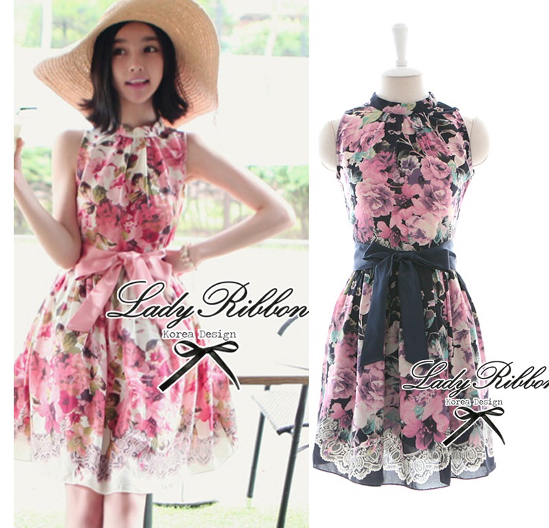 🎀 Lady Ribbon's Made 🎀 Lady Rosalyn Ribbon Mini Dress เสื้อพิมพ์ลายดอกไม้ มาพร้อมริ้มบิ้นผูกเอว ลุคคุณหนู สาวหวาน Romantic Sweet เสื้อผ้าผู้ดี แบบสาวเกาหลีค่ะ ร้านLady RibbonPremium