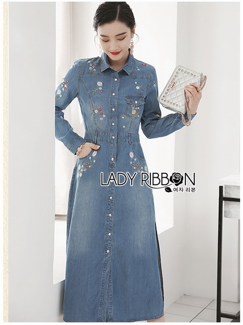 Denim Shirt Long Dress เชิ้ตเดรสยาวผ้าเดนิมปักลายดอกไม้