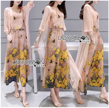 Lady Ribbon ขายส่งเสื้อผ้าออนไลน์พร้อมส่งของแท้ LR21220716 🎀 Lady Ribbon's Made 🎀 Lady Lydia Casual Feminine Butterfly Printed Set with Chiffon Maxi Outerwear