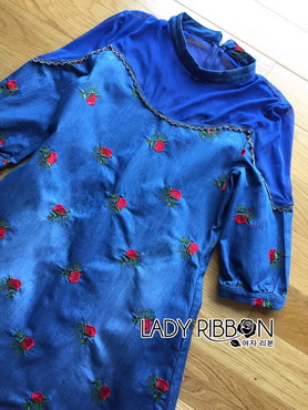 Lady Ribbon Online ขายส่ง เสื้อผ้าออนไลน์ ของแท้ LR16040716 🎀 Lady Ribbon's Made 🎀 Lady Sasha Dark Blue See-thorough Rose Embroidered Denim Dress