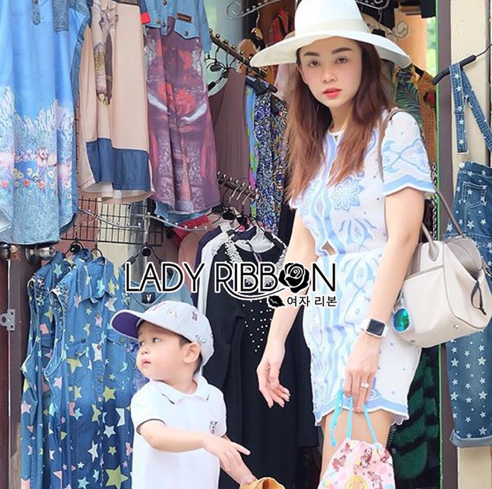 Lady Ribbon Online เสื้อผ้า Online LR10160616 🎀 Lady Ribbon's Made 🎀 Lady Natalie Summery Sweet Vintage Blue and White Dress