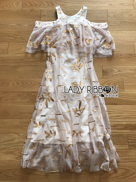 เดรสผ้าทูลเลปักเลื่อมสีทองตกแต่งระบาย