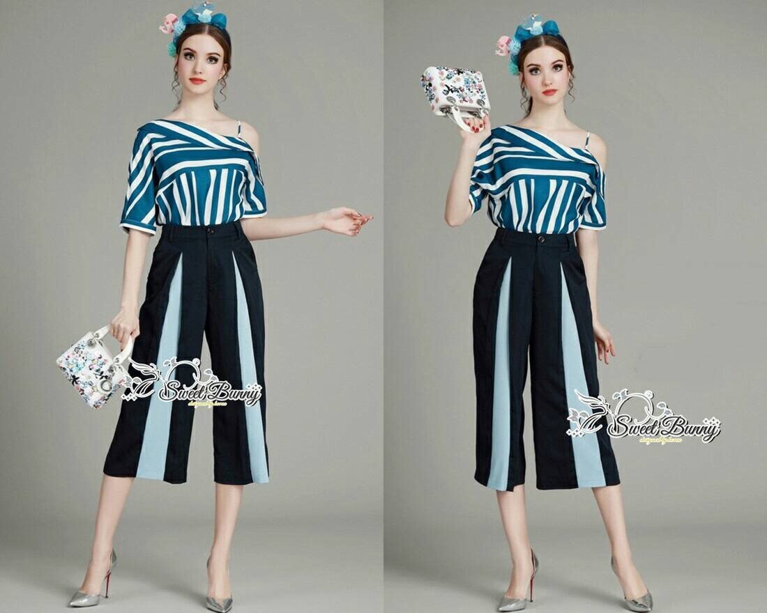 Lady Ribbon Online เสื้อผ้าออนไลน์ขายส่ง Sweet Bunny เสื้อผ้า SW13150816 Sweet Bunny Present... Stripe Contrast Wide Blue Pants Set