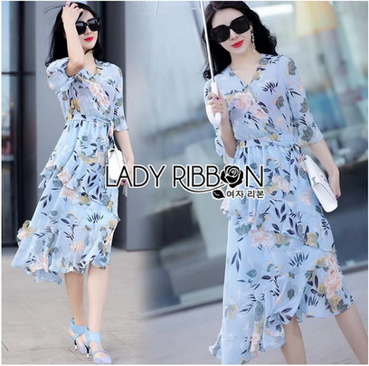 Dress เดรสผ้าชีฟองสีฟ้าพิมพ์ลายดอกไม้