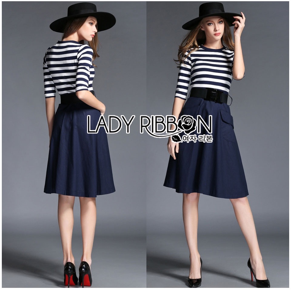 ladyribbon Lady Ribbon เสื้อผ้าพร้อมส่ง เสื้อผ้า Lady Ribbon พร้อมส่ง เลดี้ริบบอน Lady Ribbon's Made 🎀 Lady Grace 100% Modern Minimal Chic Striped Dress w