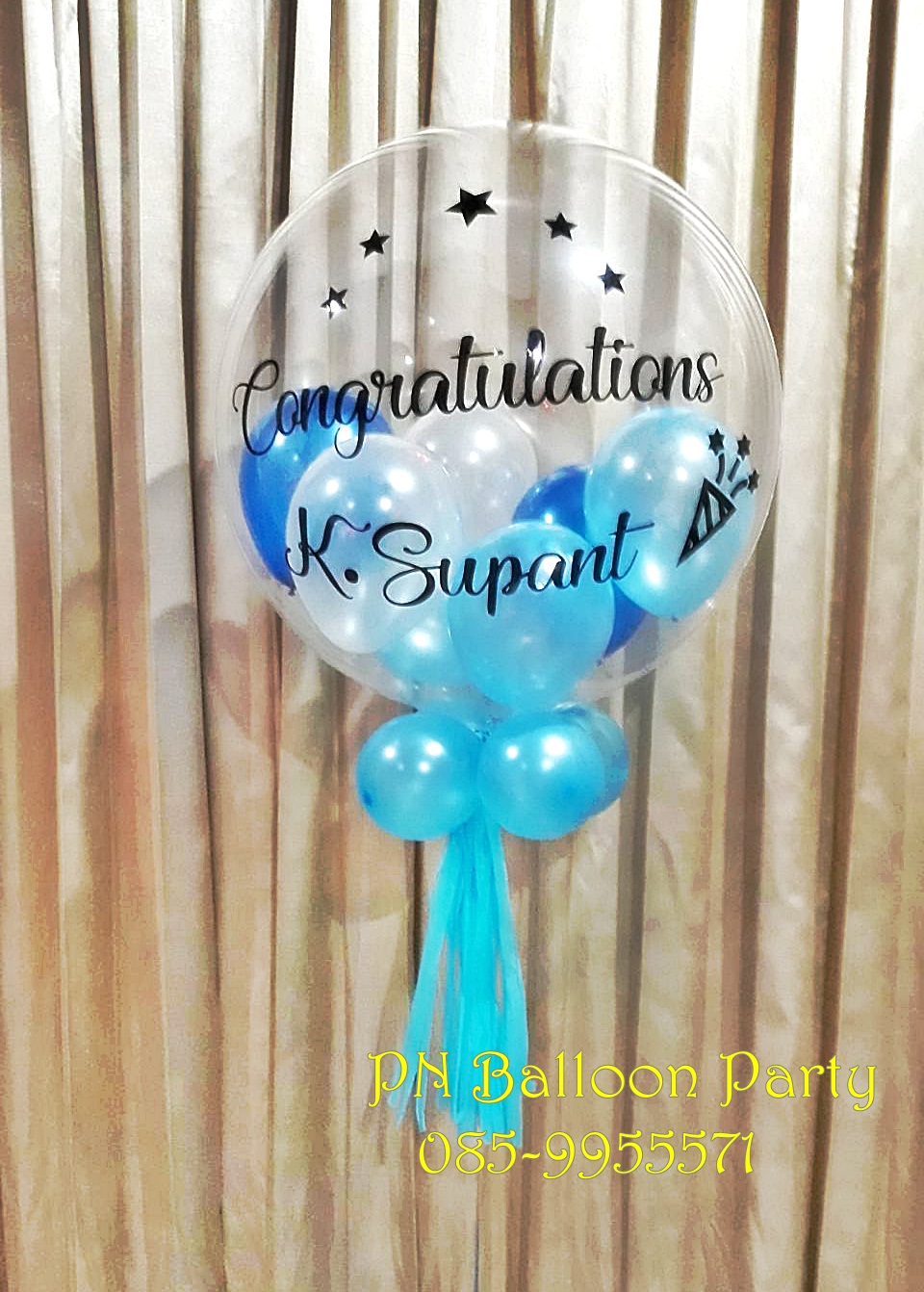 ลูกโป่งบับเบิ้ลญี่ปุ่น สีฟ้า ขนาด 24 นิ้ว พร้อมข้อความ+พู่ Bubble Balloons Colorful