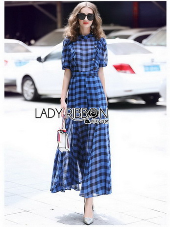 เสื้อตกแต่งระบายและกางเกงลายตารางสีน้ำเงิน-ดำ
