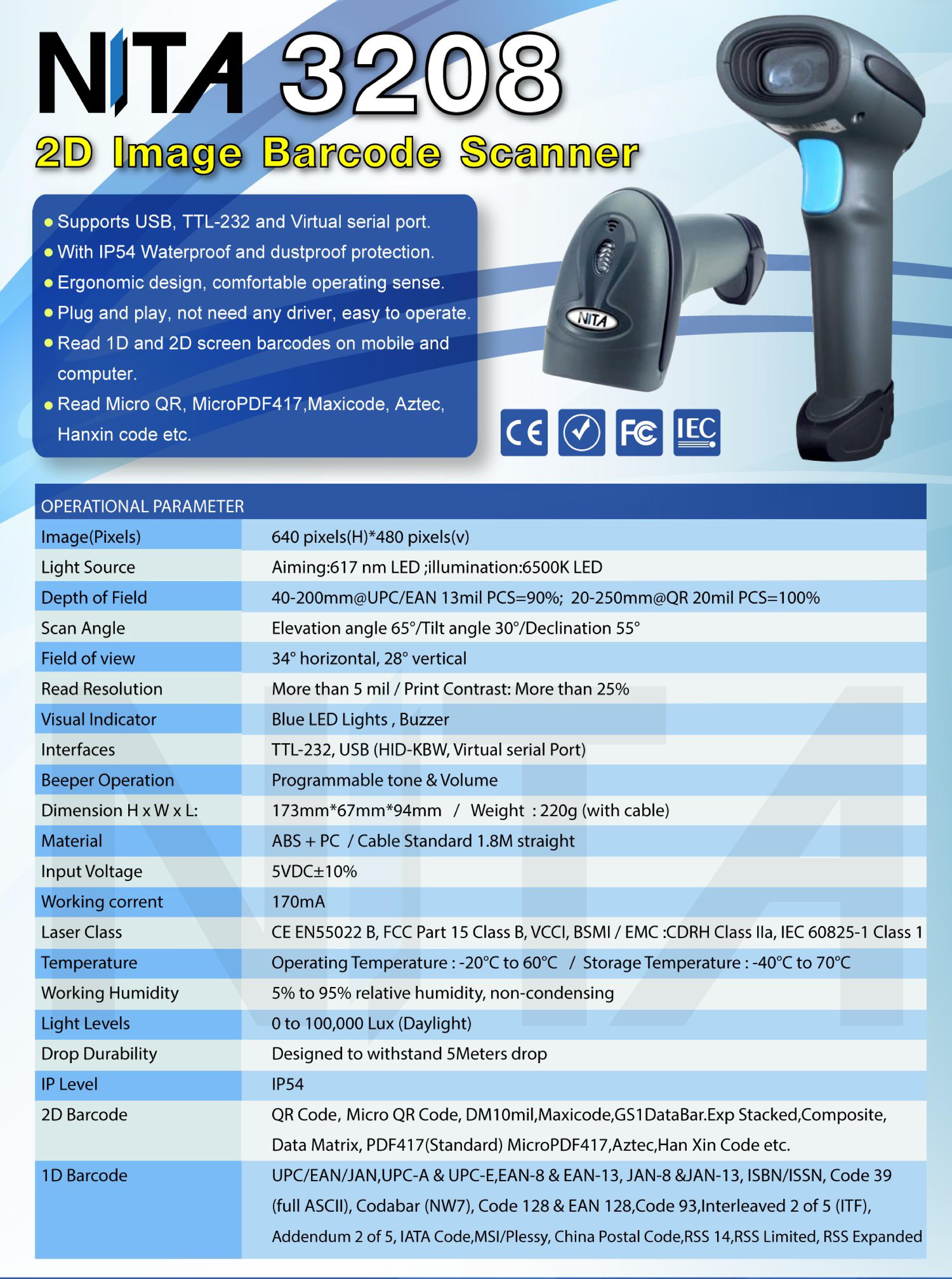 ฺBarcode scanner NITA 3208 2D เครื่องอ่านบาร์โค้ดแบบมีขาตั้ง เครื่องสแกนสินค้า เครื่อง Scan Barcode เครื่องอ่านบาร์โค้ดแบบ 2D ยี่ห้อ NITA รุ่น 3208