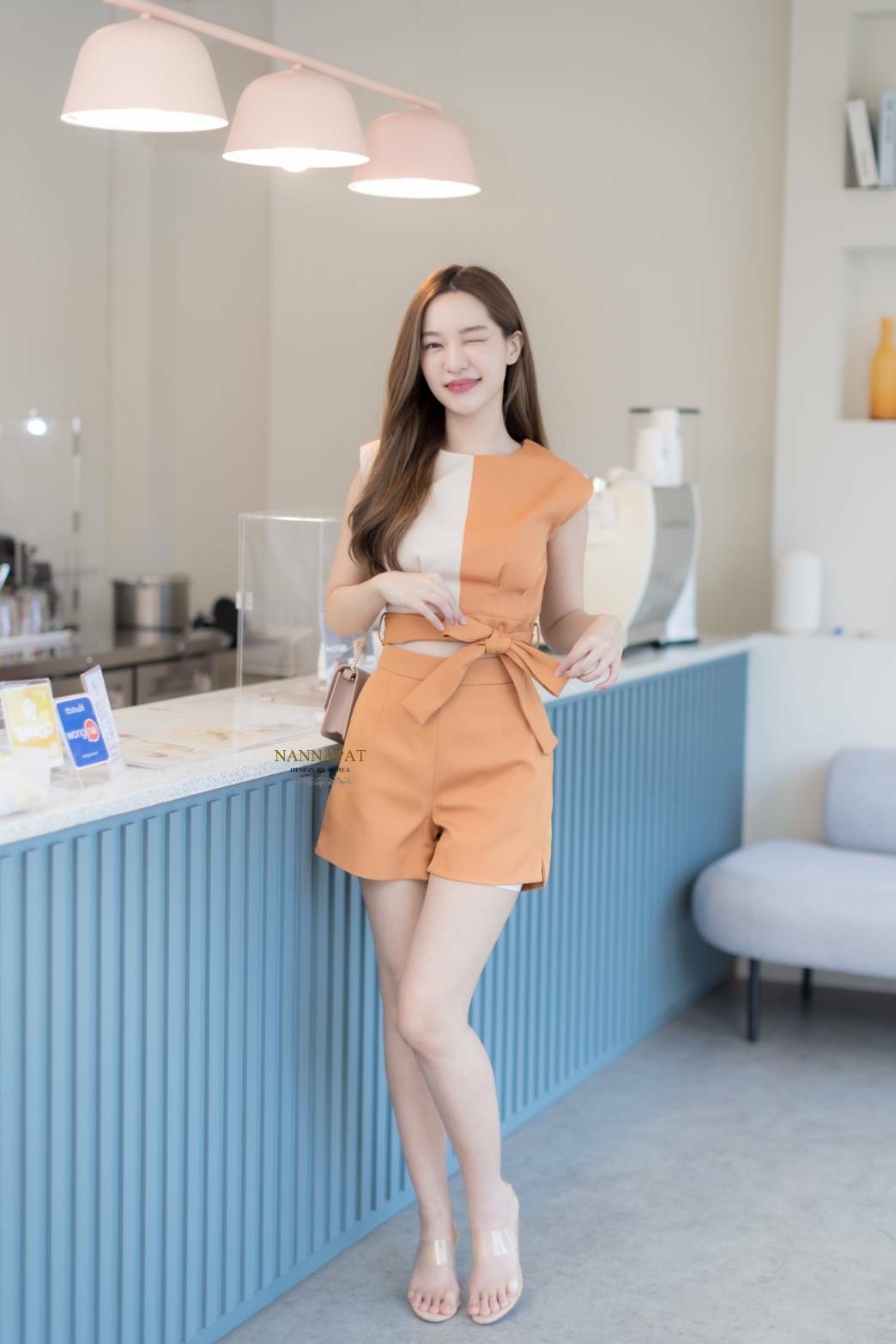 เสื้อทูโทน ซิปหลัง ผูกโบว์