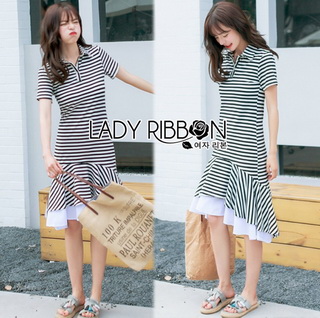Lady Ribbon Online เสื้อผ้าออนไลน์ขายส่ง lady ribbon เสื้อผ้า LR15150816 Dress เชิ้ตเดรสลายทางตกแต่งชายระบายสไตล์มินิมัล