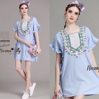 NA14010916 🎉 Normal Ally Present embroider Bohemian pompom Style dress🎉 (เดรสปักทั้งชุด แต่งตุ้มสีๆ)