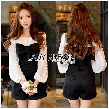 Lady Ribbon ขายส่งเสื้อผ้าออนไลน์พร้อมส่งของแท้ LR09220716 🎀 Lady Ribbon's Made 🎀 Lady Hannah Sweet Monochrome Playsuit with Ribbon