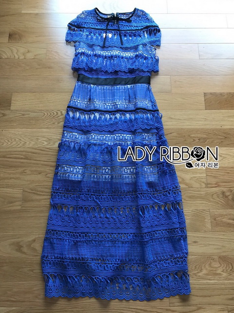 Midi Dress เดรสผ้าลูกไม้สีฟ้าตกแต่งโบว์