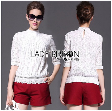 Lady Ribbon Online ขายส่งเสื้อผ้าออนไลน์ ขายส่งของแท้พร้อมส่ง Lady Ribbon LR06250717 🎀 Lady Ribbon's Made 🎀 Lady Alessandra White Lace Blouse เสื้อลูกไม้สีขา