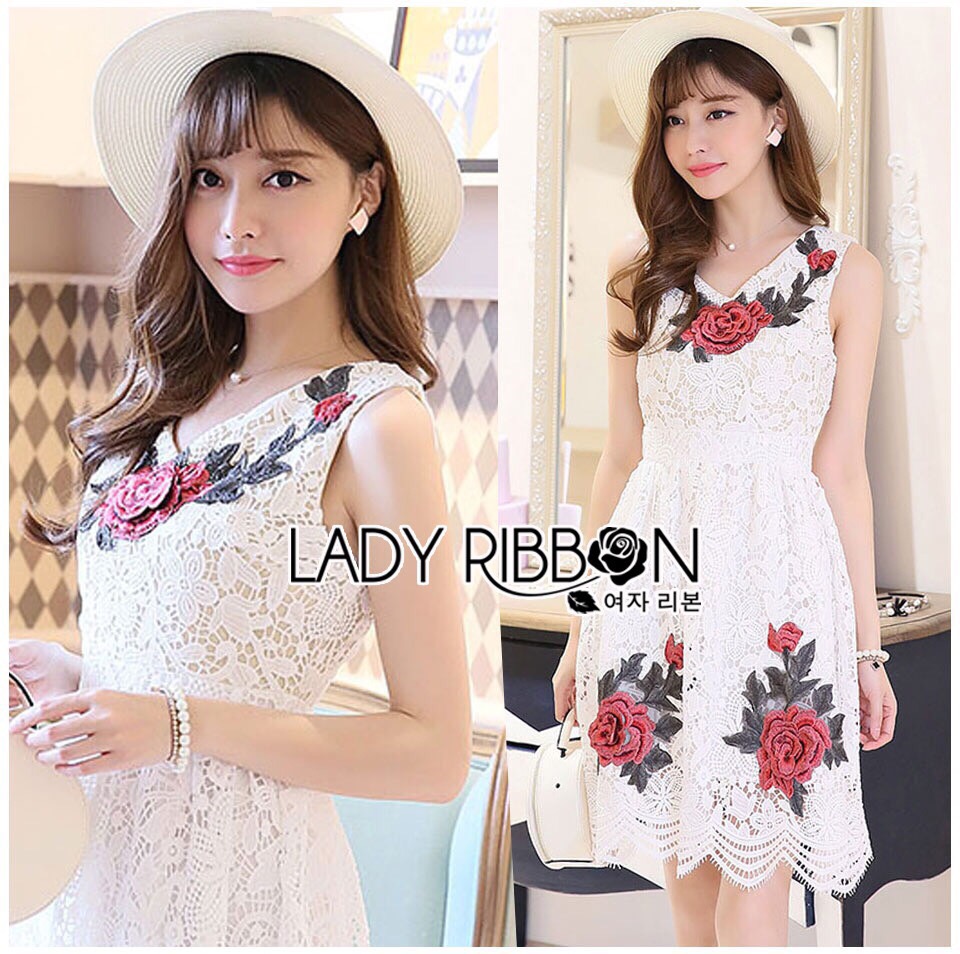 Lady Ribbon Online LR17300516 🎀 Lady Ribbon's Made 🎀 Lady Nina Sweet Sexy 3D Red Roses Embroidered White Lace Dress เ