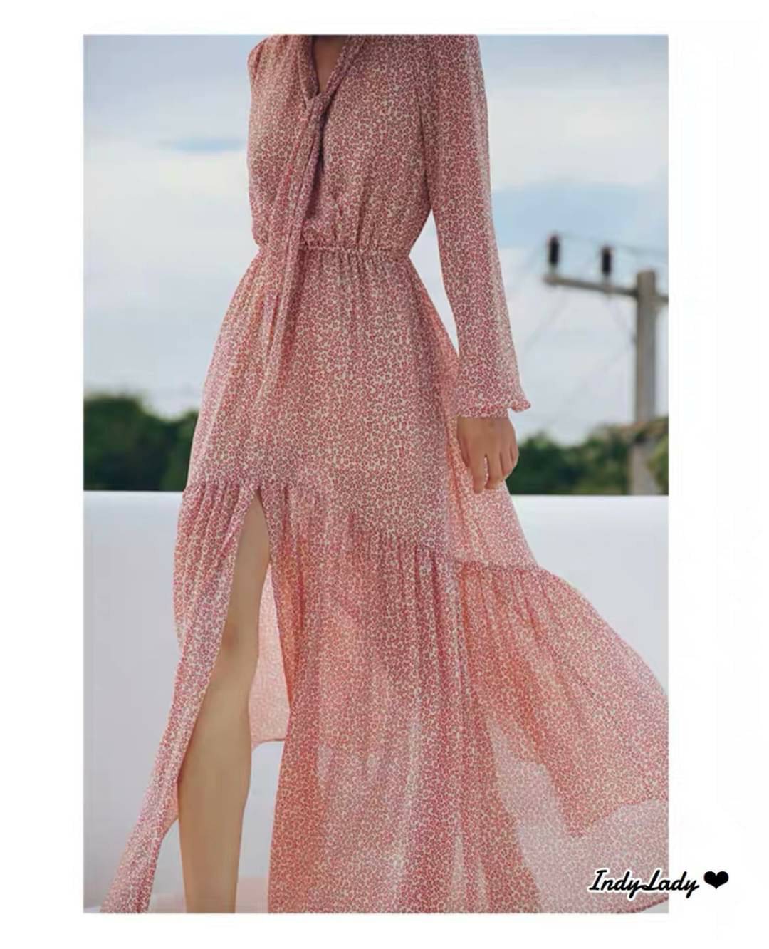 Dress ทรงสวยแขนยาวเอวสม๊อกไขว้หน้า