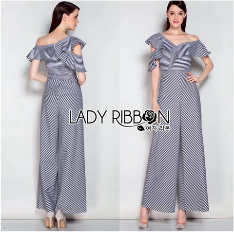 Lady Ribbon Striped Jumpsuit จัมป์สูทผ้าคอตตอน